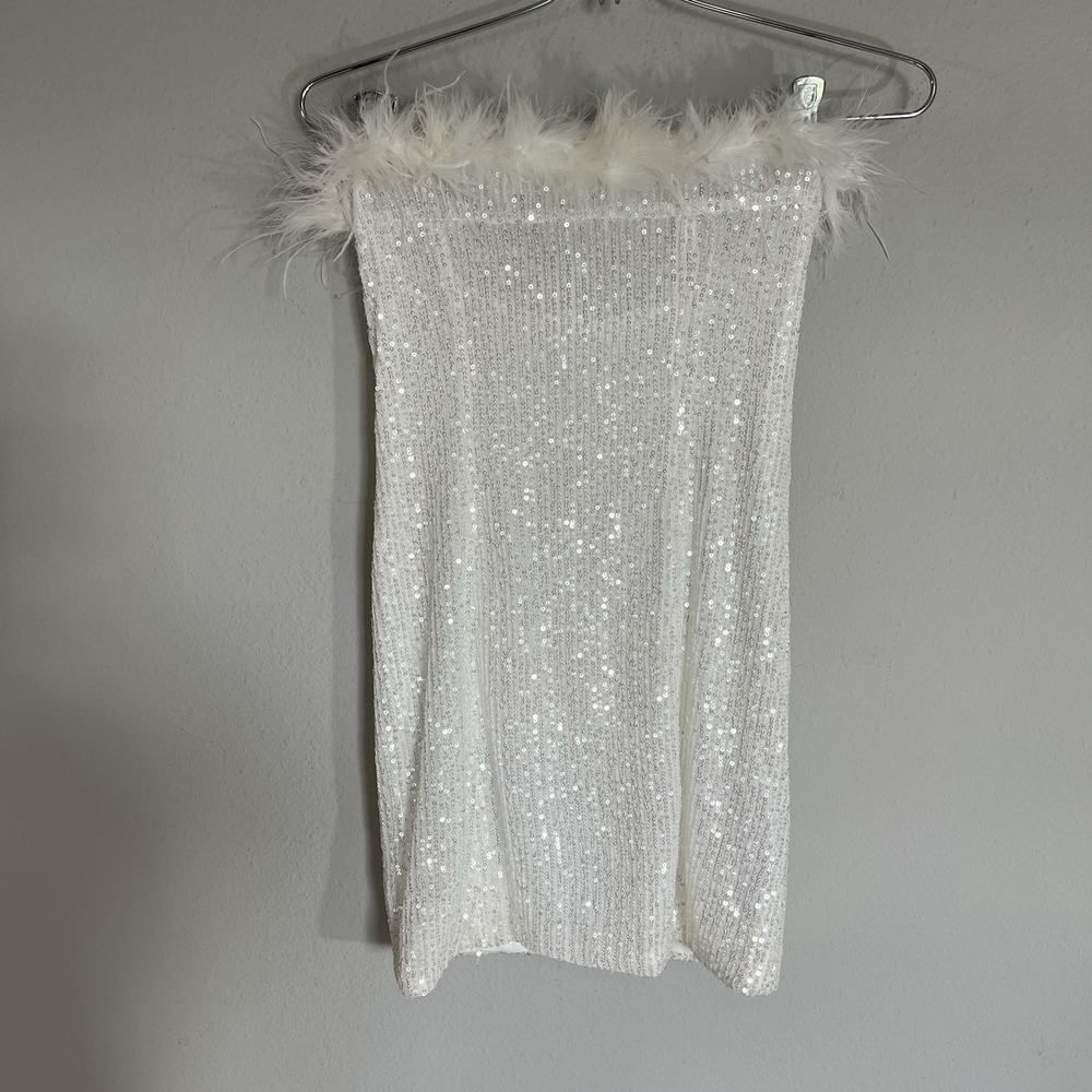 Peppermayo Zyenna White Sequin Mini Dress Feather Trim Bride Bachelorette Sexy